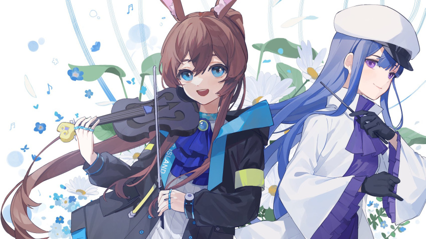 2girls amiya_(arknights) animal_ears arknights ascot black_gloves blue_ascot blue_eyes blue_flower blue_hair brown_hair cjsdh1000 crossover flower frills gloves hat highres holding holding_instrument instrument jewelry leaf long_hair long_sleeves marija_(muse_dash) multiple_girls multiple_rings muse_dash musical_note open_mouth petals ponytail rabbit_ears ring violet_eyes white_flower white_headwear