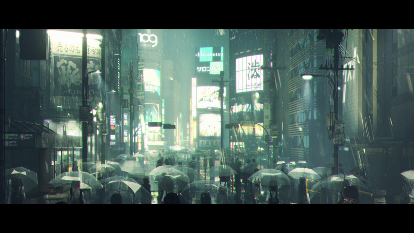 city commentary crowd fen_bang_laoda highres lamppost letterboxed lycoris_recoil night outdoors people power_lines rain real_world_location road scenery shibuya_(tokyo) shibuya_109 umbrella utility_pole