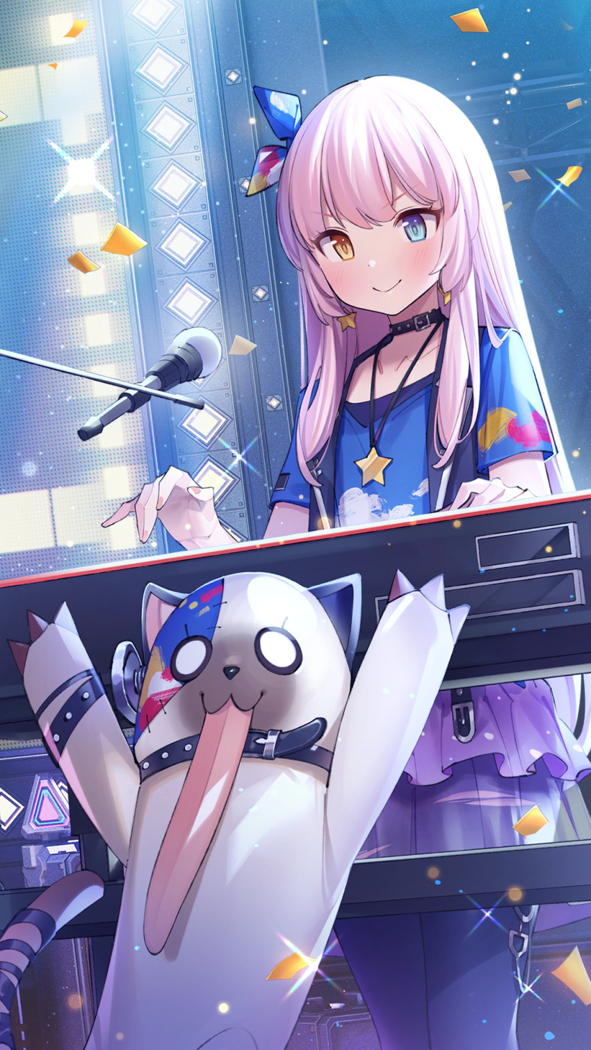 &gt;:) 1girl belt_choker black_choker blue_bow blue_eyes blue_shirt bow choker closed_mouth confetti cowboy_shot earrings eksistere_kyrenia flat_chest girl_cafe_gun hair_bow hands_up heterochromia highres instrument jewelry keyboard_(instrument) long_hair looking_down microphone_stand miniskirt music official_art pantyhose pendant pink_hair playing_instrument purple_pantyhose purple_skirt shirt short_sleeves sidelocks skirt smile solo sparkle stage star_(symbol) star_earrings stuffed_animal stuffed_cat stuffed_toy t-shirt torn_clothes torn_pantyhose v-shaped_eyebrows yellow_eyes