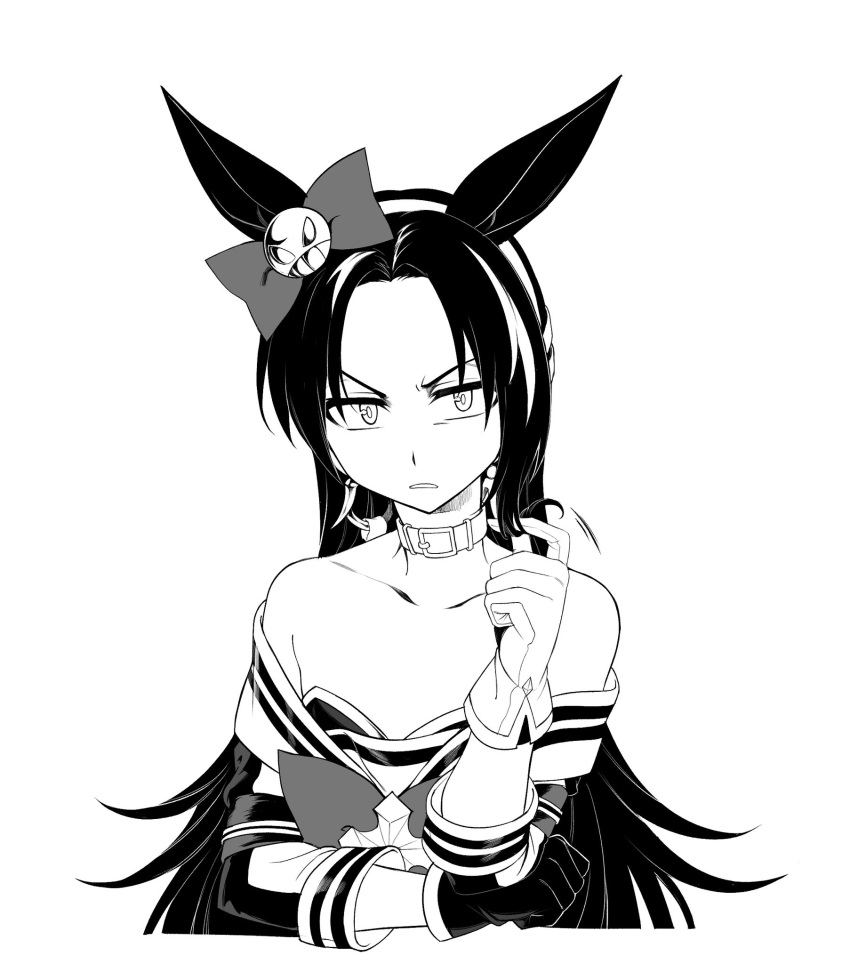1girl asymmetrical_gloves bare_shoulders belt_collar bow bowtie collar collarbone commentary ear_bow forehead fukuro_(maruaru00) furrowed_brow genderswap genderswap_(mtf) gloves hair_intakes headgear highres long_hair looking_at_viewer mismatched_gloves off_shoulder original outside_border personification solo stay_gold_(racehorse) tsurime umamusume v-shaped_eyebrows