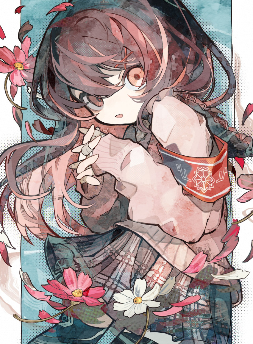 1girl armband bandaid bandaid_on_hand black_thighhighs blue_background brown_eyes brown_hair cowboy_shot flower frills from_side hair_ornament halftone hands_up highres interlocked_fingers long_hair long_sleeves looking_at_viewer miniskirt open_mouth original own_hands_together petals pillarboxed pink_flower plaid plaid_skirt pleated_skirt skirt sleeves_past_wrists solo soresaki thigh-highs white_flower x_hair_ornament