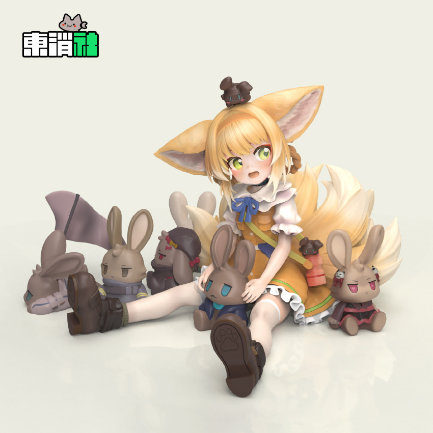 1girl 3d amiya_(arknights) animal_ears arknights artist_request black_cat black_footwear blonde_hair blue_ribbon blush braid braided_hair_rings cat character_doll character_request check_character choshanland_plushy_(arknights) commentary_request crossover derivative_work dress fox_ears fox_girl fox_tail full_body green_eyes hair_rings hairband highres kitsune kyuubi looking_at_viewer multiple_tails myrtle_(arknights) neck_ribbon official_alternate_costume open_mouth orange_dress orange_hairband pantyhose popukar_(arknights) puffy_short_sleeves puffy_sleeves ribbon second-party_source shamare_(arknights) shaw_(arknights) short_sleeves sitting stuffed_animal stuffed_rabbit stuffed_toy suzuran_(arknights) suzuran_(let's_carnival!)_(arknights) tail twin_braids white_pantyhose