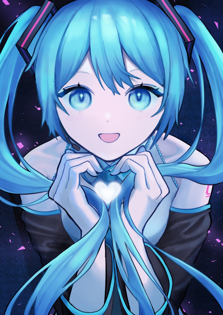 1girl absurdres aqua_eyes aqua_hair bare_shoulders black_sleeves commentary detached_sleeves fui_(5f7_x) hands_up hatsune_miku heart heart_hands highres long_hair long_sleeves looking_at_viewer open_mouth shoulder_tattoo smile solo straight-on tattoo twintails upper_body very_long_hair vocaloid