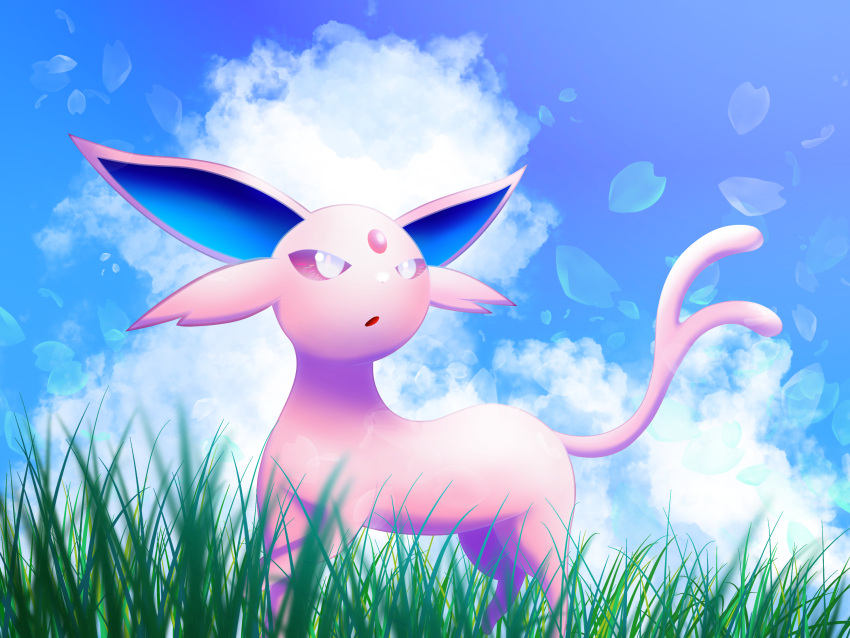 animal_focus blue_eyes blue_sky blush clouds colored_sclera day espeon falling_petals forehead_jewel forked_tail gem grass highres leg_up looking_to_the_side looking_up no_humans open_mouth outdoors petals pokemon pokemon_(creature) purple_sclera red_gemstone sky solo standing tail uoxvt