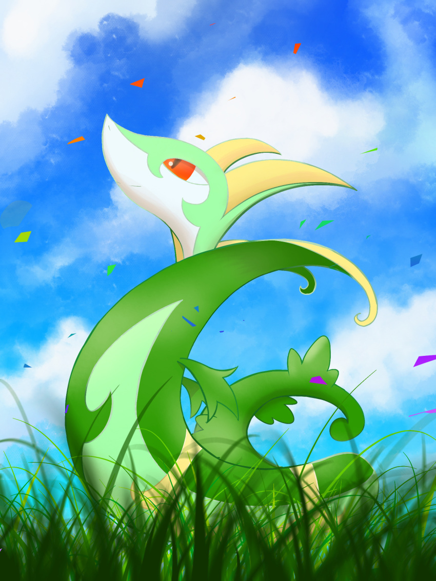 animal_focus blue_sky blurry blurry_foreground closed_mouth clouds day falling_petals from_side grass highres looking_up no_humans outdoors petals pokemon pokemon_(creature) profile red_eyes serperior sky slit_pupils snake solo uoxvt