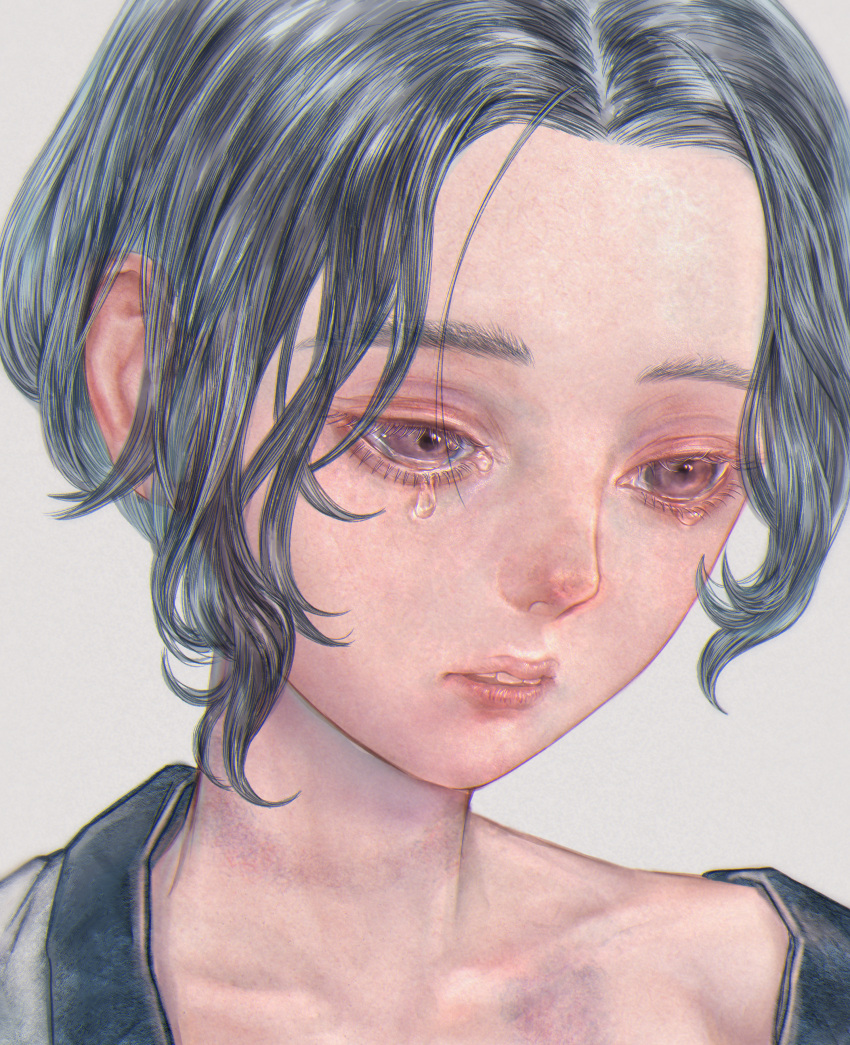 1girl absurdres ahoge babyloncafe black_hair close-up collarbone crying crying_with_eyes_open curly_hair forehead highres original parted_lips pink_eyes shirt short_hair solo tears teeth upper_body upper_teeth_only