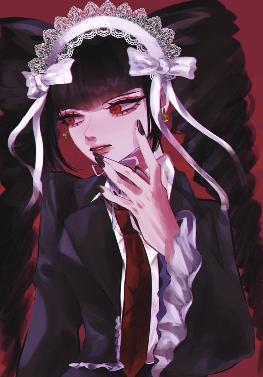 1girl absurdres black_hair black_jacket blunt_bangs celestia_ludenberg collared_shirt commentary_request danganronpa:_trigger_happy_havoc danganronpa_(series) drill_hair earrings frilled_jacket frills gothic_lolita hand_up headdress highres jacket jewelry kamin_(0428hopelove) lolita_fashion long_sleeves looking_to_the_side necktie open_clothes open_jacket red_background red_eyes red_necktie shirt solo twin_drills twintails