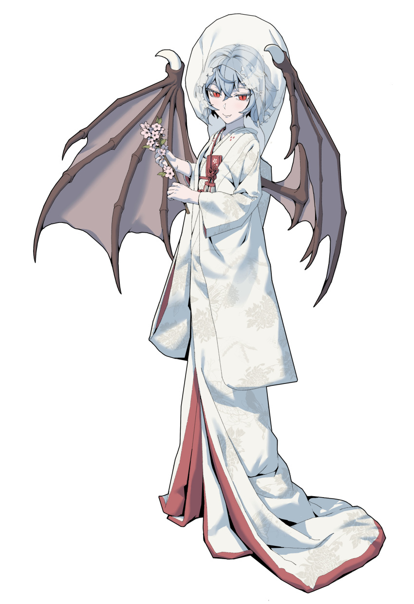 1girl absurdres bat_wings blue_hair branch bridal_veil floral_print full_body highres holding holding_branch japanese_clothes kimono looking_at_viewer red_eyes remilia_scarlet short_hair simple_background slit_pupils smile solo standing touhou uchikake veil white_background wings youpofen