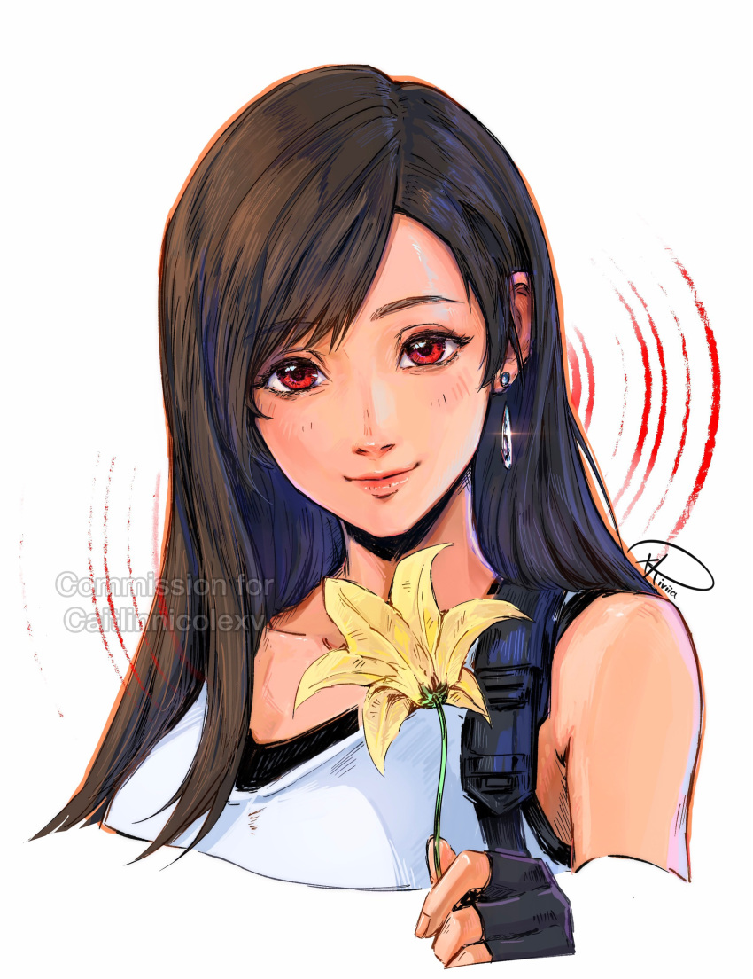 1girl absurdres bare_shoulders black_gloves black_hair black_sports_bra closed_mouth collarbone commentary commission cropped_torso earrings final_fantasy final_fantasy_vii final_fantasy_vii_remake fingerless_gloves flower glint gloves highres holding holding_flower jewelry long_hair looking_at_viewer red_eyes signature single_earring smile solo sports_bra suspenders swept_bangs tank_top teardrop_earrings tifa_lockhart upper_body watermark white_tank_top xriviia