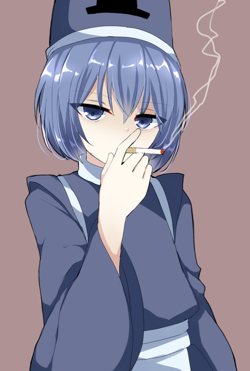 1other androgynous blue_eyes blue_hair blue_headwear blue_shirt brown_background cigarette commentary_request hair_between_eyes hat highres holding holding_cigarette kashiwagi_kaoru len'en long_sleeves other_focus ougi_hina shirt short_hair simple_background smoke smoking solo upper_body wide_sleeves