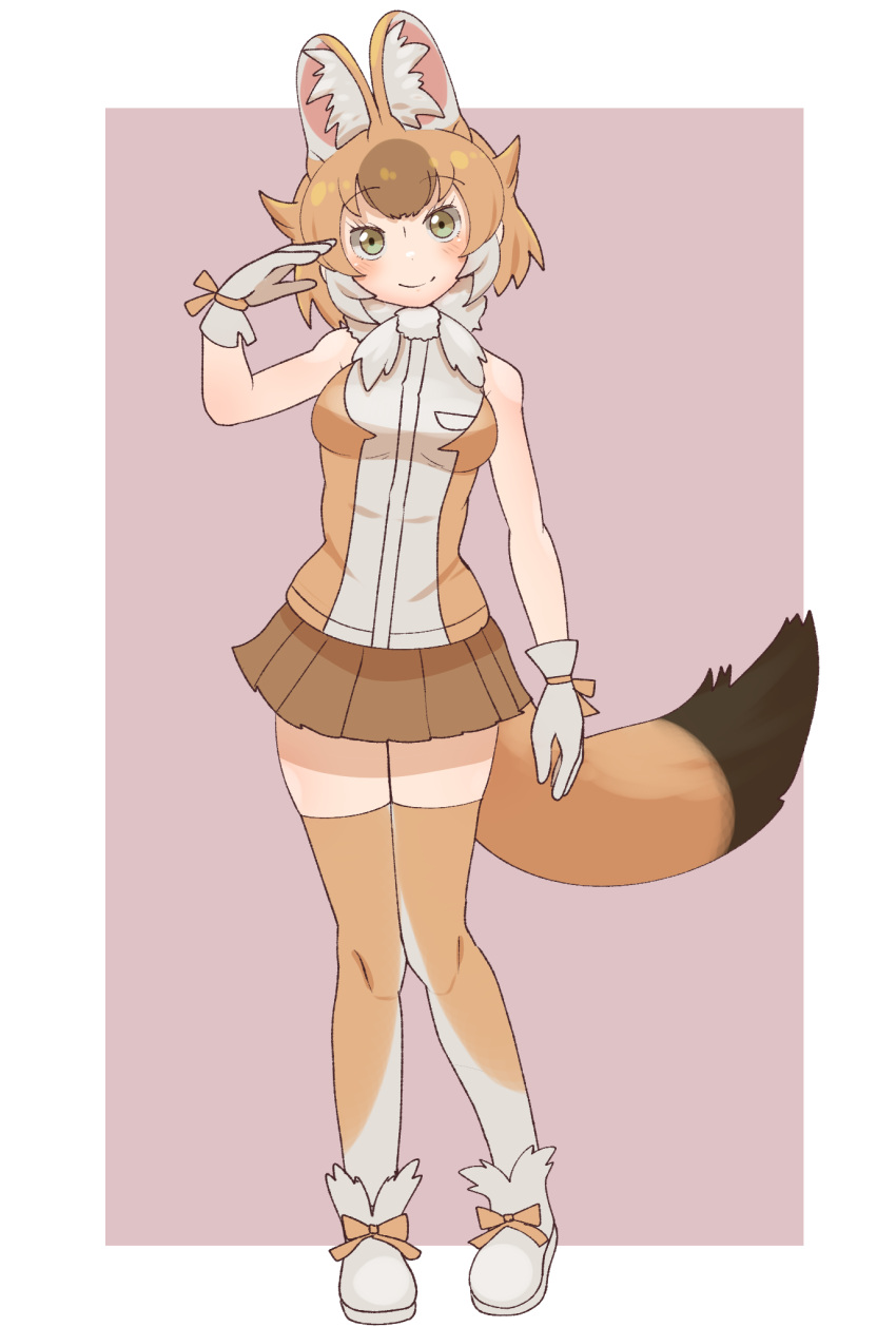 1girl animal_ear_fluff animal_ears arm_up bare_shoulders blush boots brown_eyes brown_hair brown_thighhighs dhole_(kemono_friends) dog_ears dog_girl dog_tail full_body fur_collar fur_trim gloves highres kemono_friends knees_together_feet_apart looking_at_viewer multicolored_hair ookii_yama shirt short_hair skirt sleeveless smile solo standing tail thigh-highs two-tone_hair white_hair zettai_ryouiki