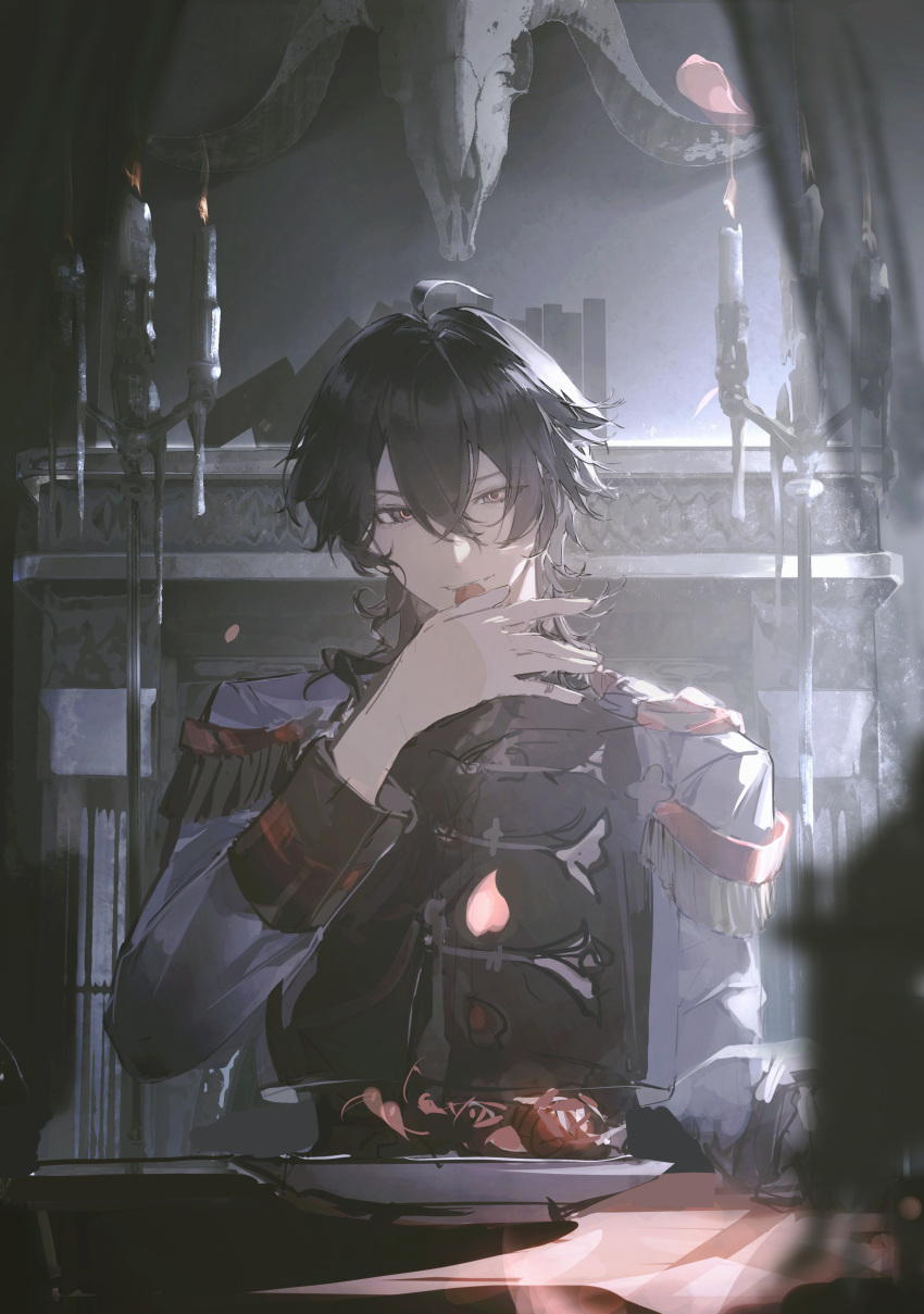 1boy absurdres ahoge black_hair black_shirt brown_eyes candle candlestand ensemble_stars! epaulettes falling_petals flower furnace hair_between_eyes hand_up highres indoors jacket licking long_sleeves looking_at_viewer male_focus mouth_hold petal_in_mouth petals plate red_flower red_rose ririo rose sakuma_rei_(ensemble_stars!) shirt short_hair skull solo sunlight table upper_body white_jacket