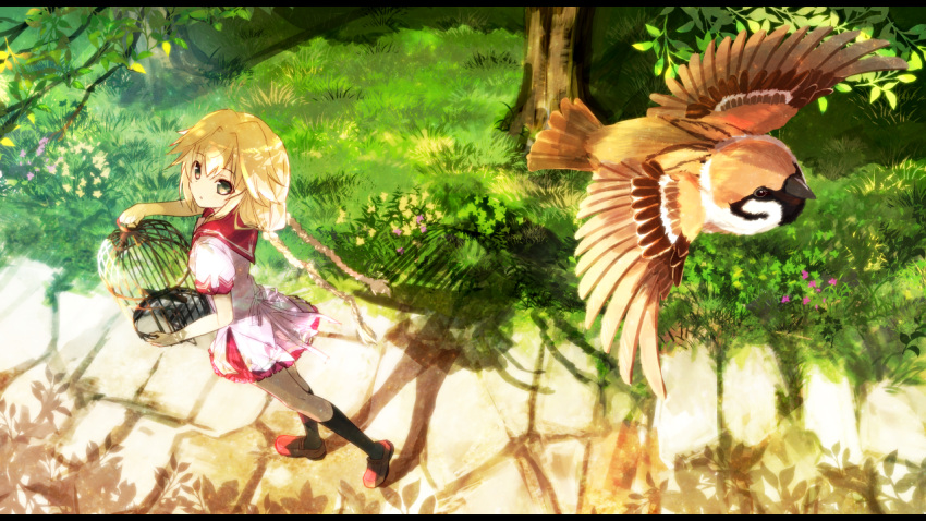 1girl bird birdcage black_socks blonde_hair braid brown_footwear cage commentary dappled_sunlight day expressionless from_above grass hair_between_eyes hair_intakes hand_up holding holding_cage hououin_suzume kneehighs leaf loafers long_hair looking_at_viewer looking_up low_twin_braids nagesuteaka name_connection outdoors pink_serafuku pink_shirt pink_skirt puffy_short_sleeves puffy_sleeves red_sailor_collar road sailor_collar school_uniform serafuku shirt shoes short_sleeves skirt socks solo sparrow standing sunlight tree twin_braids very_long_hair wide_shot yumeiro_alouette!