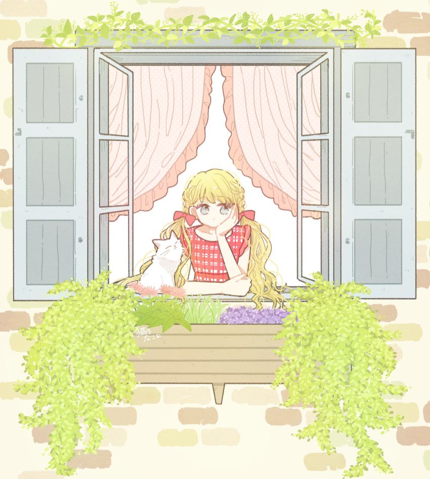 1girl animal blonde_hair bow braid cat curtains dot_mouth dress expressionless flower grey_eyes hair_bow hand_on_own_elbow hand_on_own_face head_rest highres long_hair messy_hair necono_naco no_nose open_window original plaid plaid_dress plant purple_flower red_bow red_dress signature sleeveless sleeveless_dress solo vines white_cat window