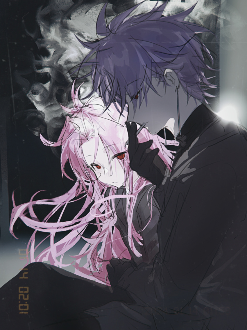 2boys absurdres black_gloves black_pants black_sweater chinese_commentary cigarette closed_mouth coat commentary_request earrings eyes_visible_through_hair gloves grey_coat hatsutori_hajime highres holding holding_cigarette jewelry long_hair male_focus multiple_boys pale_skin pants parted_bangs pink_hair purple_hair red_eyes saibou_shinkyoku short_hair sitting sketch smoke smoking sweater tang_(4843204942) theodore_riddle turtleneck turtleneck_sweater