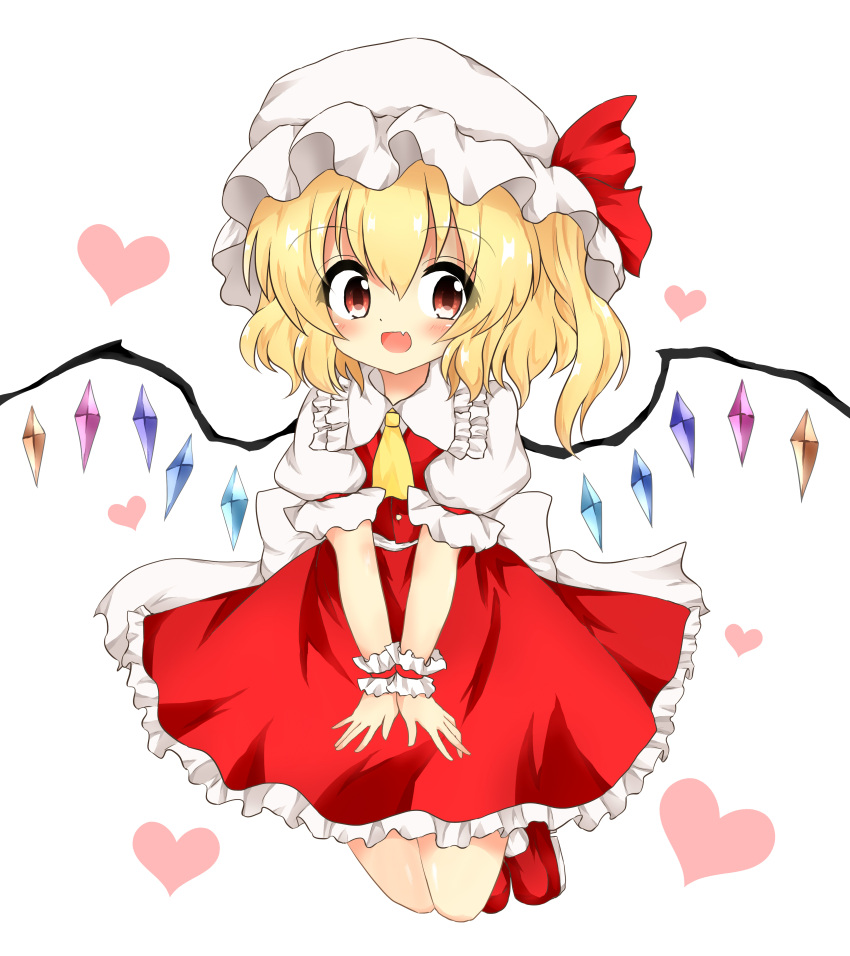 1girl absurdres ascot back_bow blonde_hair blush bow collared_shirt crystal fang flandre_scarlet frilled_shirt_collar frilled_skirt frills full_body happy hat heart highres koppa_(mgim4428000) large_bow looking_at_viewer medium_hair mob_cap moon multicolored_wings one_side_up orange_eyes puffy_short_sleeves puffy_sleeves red_footwear red_skirt red_vest shirt short_sleeves simple_background skin_fang skirt skirt_set sleeve_ribbon socks solo touhou vest white_background white_bow white_headwear white_shirt white_socks wings wrist_cuffs yellow_ascot