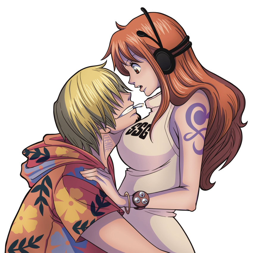 1boy 1girl arm_tattoo artist_name bare_arms bare_shoulders blonde_hair cigarette commentary english_commentary facial_hair from_side goatee headphones highres hood hood_down log_pose long_hair ltenie mouth_hold nami_(one_piece) official_alternate_costume one_piece open_mouth orange_hair sanji_(one_piece) shirt short_hair short_sleeves simple_background sleeveless smile tattoo teeth white_background
