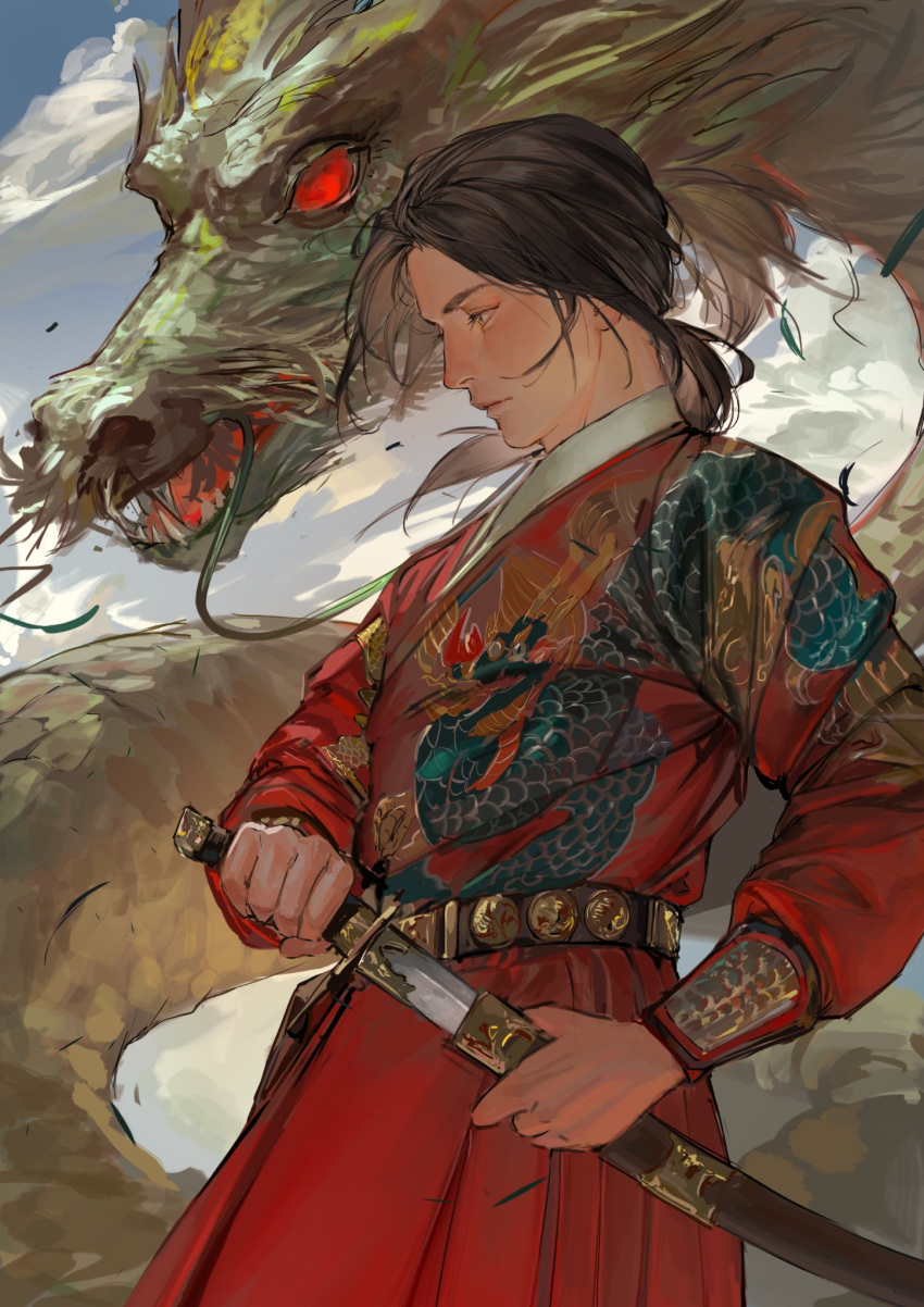 1boy belt blue_background blue_sky brown_belt brown_eyes brown_hair chinese_clothes chinese_zodiac closed_mouth clouds cloudy_sky dragon eastern_dragon floating_hair hands_up highres holding holding_sword holding_weapon long_hair long_sleeves looking_to_the_side low_ponytail male_focus new_year original sheath sky solo sword unsheathing upper_body weapon year_of_the_dragon zhongerweiyuan