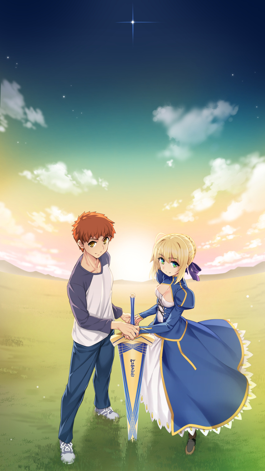 1boy 1girl absurdres ahoge anniversary artoria_pendragon_(fate) blonde_hair blue_dress clouds dress emiya_shirou excalibur_(fate/stay_night) fate/stay_night fate_(series) field green_eyes highres holding_hands looking_at_viewer namonashi orange_hair outdoors saber_(fate) shirt shoes sky smile sneakers star_(sky) sword weapon yellow_eyes