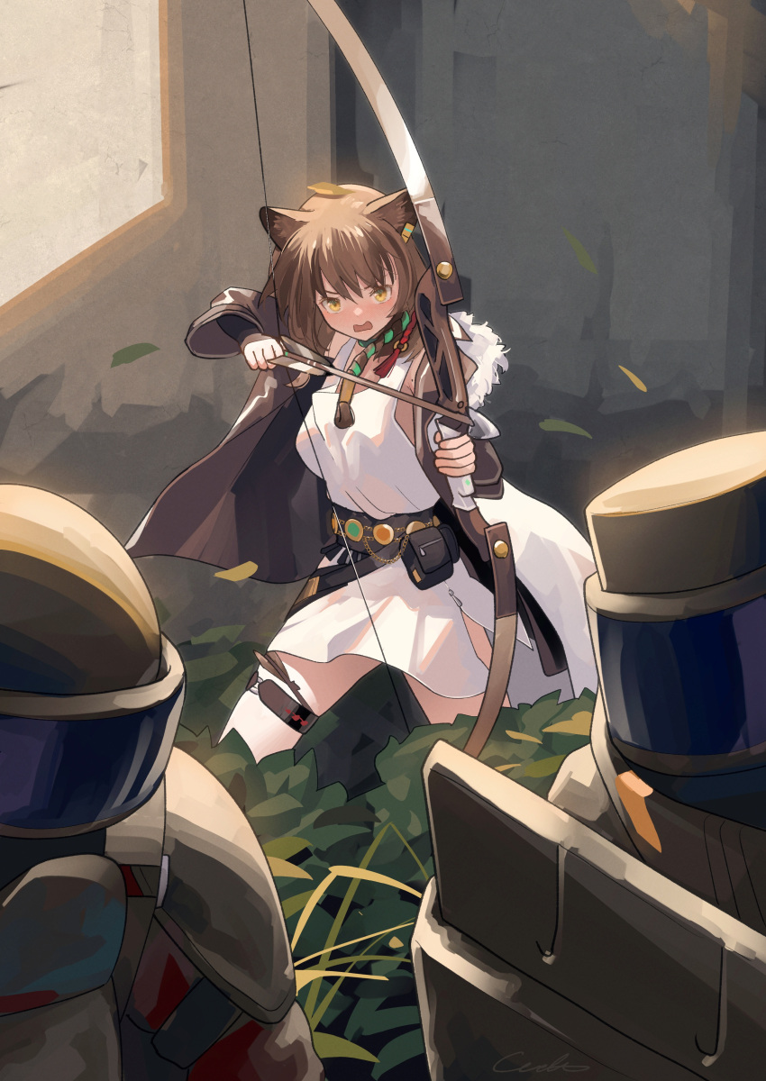 1girl 2others absurdres animal_ears arknights arrow_(projectile) bow_(weapon) breasts brown_hair brown_jacket chinese_commentary commentary_request drawing_bow dress highres holding holding_bow_(weapon) holding_weapon jacket long_hair lunacub_(arknights) medium_breasts mole mole_on_arm multiple_others open_mouth short_dress side_slit sleeveless sleeveless_dress solo_focus weapon welt_(kinsei_koutenkyoku) white_dress wolf_ears wolf_girl yellow_eyes