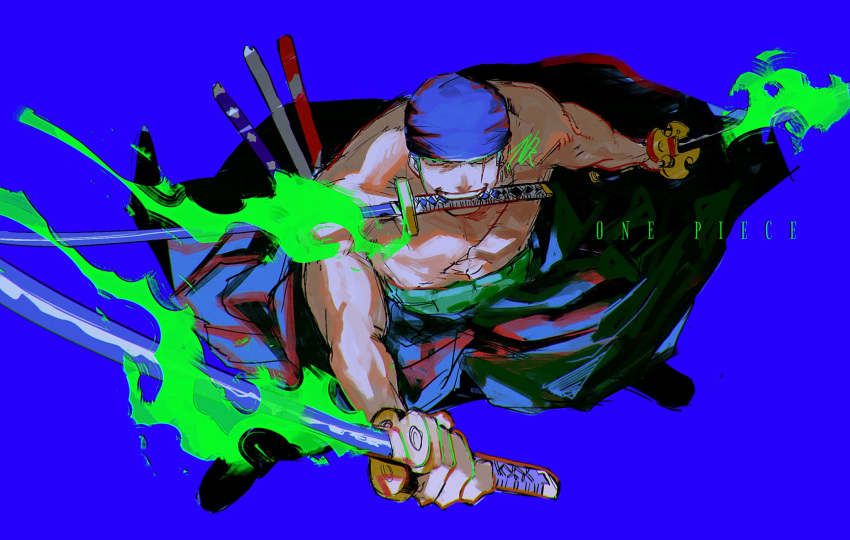 azisaiharumaki56 bandana blue_background commentary copyright_name earrings from_above green_smoke haramaki highres holding holding_sword holding_weapon jewelry looking_at_viewer one_eye_closed one_piece roronoa_zoro scar scar_across_eye scar_on_chest simple_background sword weapon