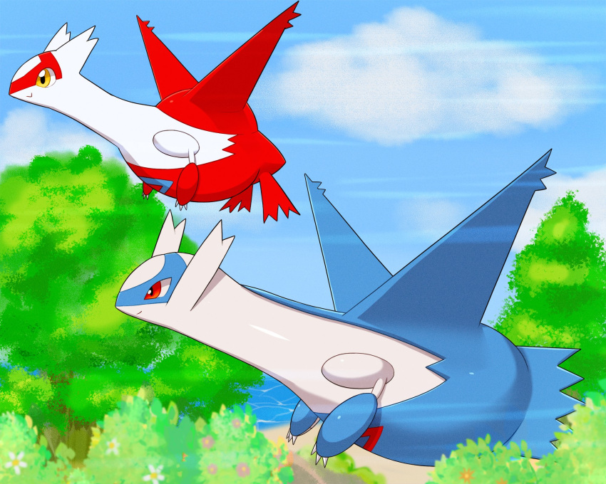 blue_sky bonte380381 clouds cloudy_sky day flying highres latias latios no_humans outdoors pokemon pokemon_(creature) red_eyes sky tree yellow_eyes