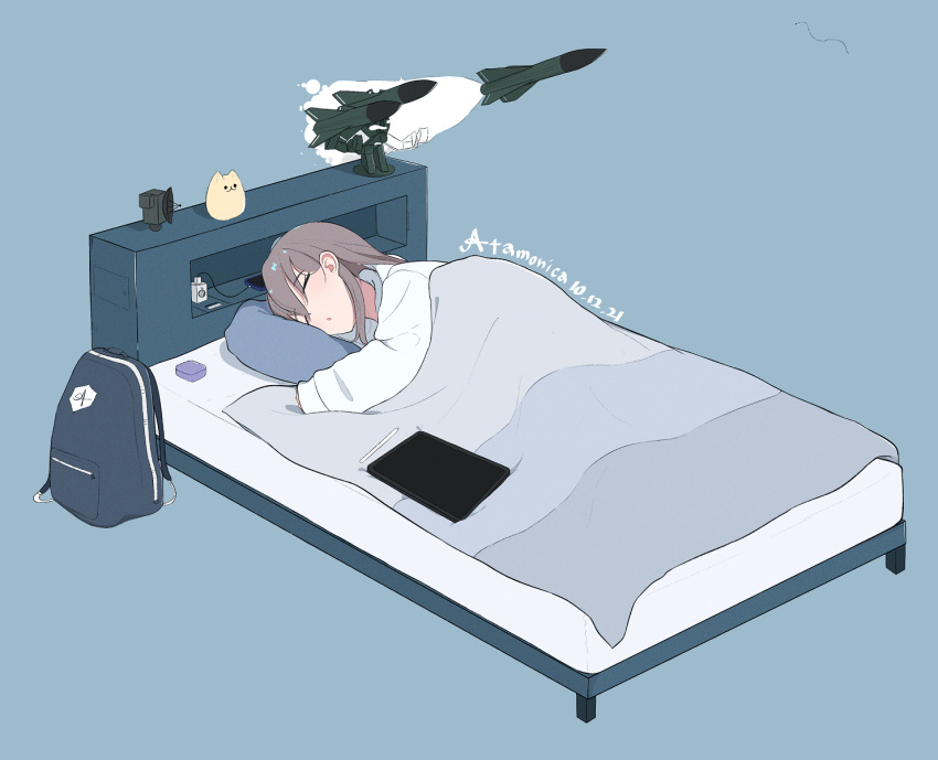 1girl artist_name atamonica backpack bag bed blanket closed_eyes dated english_commentary grey_hair highres long_hair long_sleeves lying missile on_side original parted_lips pillow sleeping solo