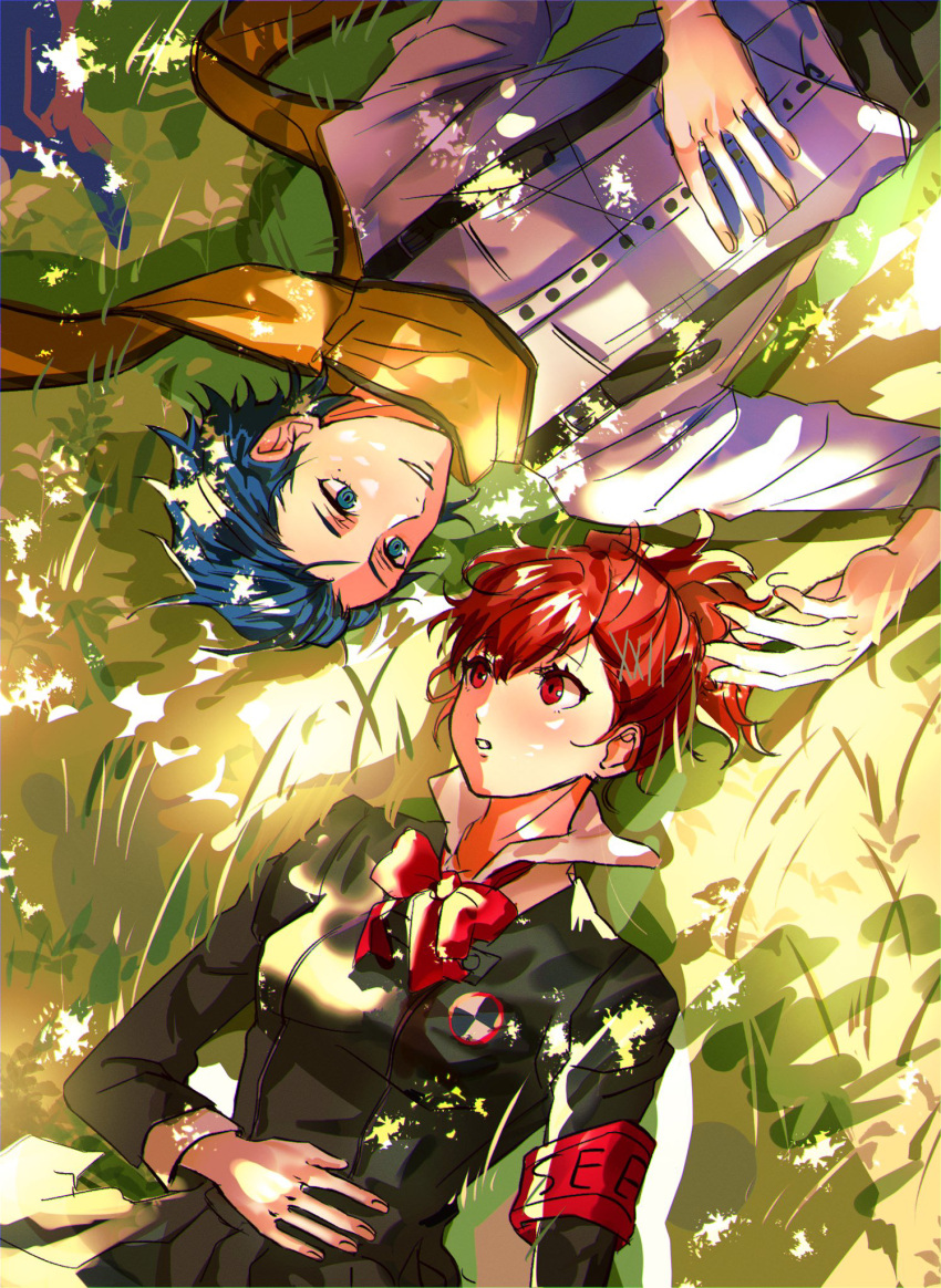 1boy 1girl armband blue_eyes blue_hair bow bowtie collared_shirt commentary eye_contact from_above gekkoukan_high_school_uniform grass grin hair_ornament hairclip hand_on_own_stomach highres joowon_(jju_oon) long_sleeves looking_at_another lying mochizuki_ryouji on_back on_grass parted_lips persona persona_3 persona_3_portable ponytail red_armband red_bow red_eyes redhead rotational_symmetry scarf school_uniform shiomi_kotone shirt short_hair smile suspenders white_shirt wing_collar yellow_scarf