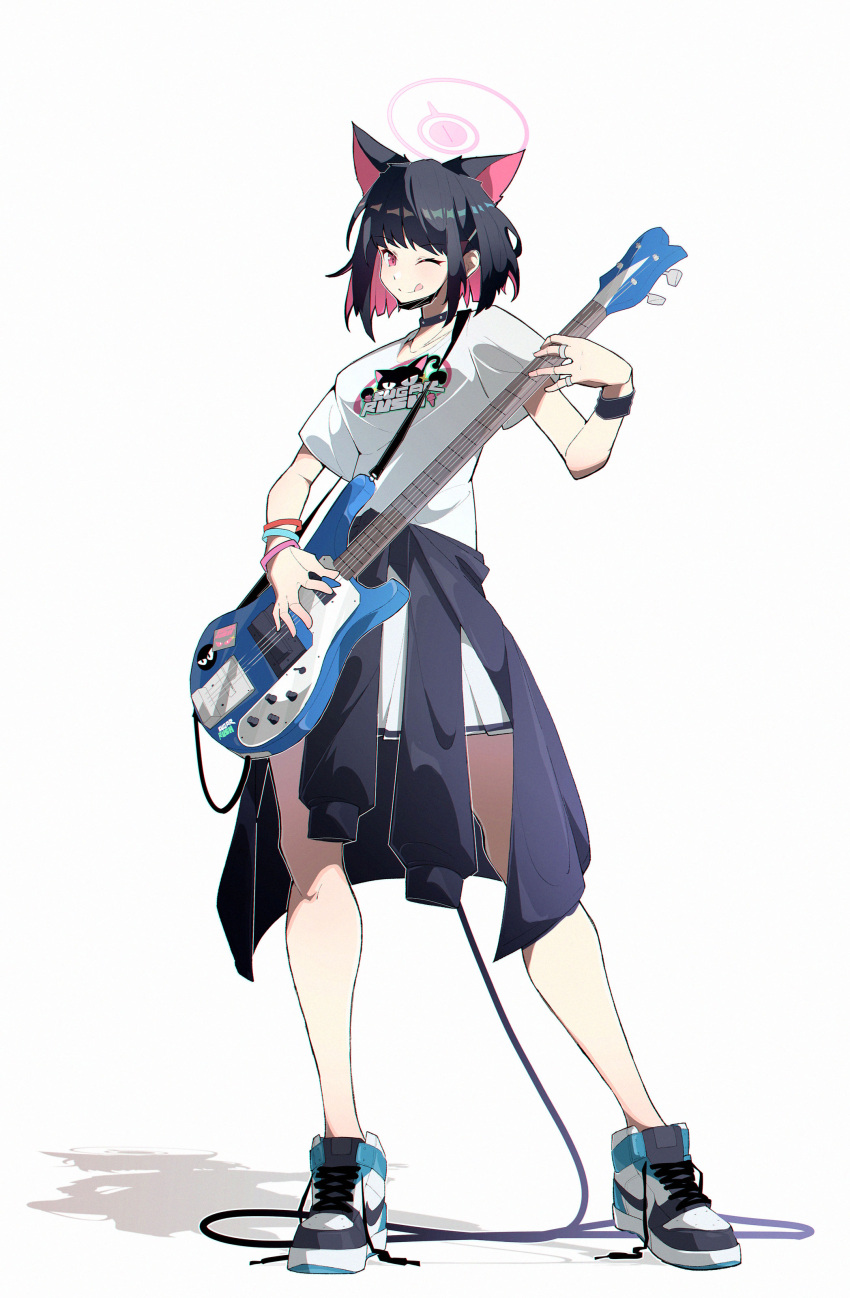 1girl absurdres alternate_costume animal_ears bass_guitar black_choker black_hair black_jacket blue_archive bracelet cat_ears choker clothes_around_waist colored_inner_animal_ears colored_inner_hair english_commentary extra_ears full_body halo highres instrument jacket jacket_around_waist jewelry kazusa_(blue_archive) mask medium_hair mouth_mask multicolored_hair multiple_bracelets multiple_rings nike one_eye_closed pink_eyes pink_hair pink_halo playing_bass postalworks print_shirt ring shirt simple_background skirt smile solo sticker strap t-shirt tongue tongue_out two-tone_hair white_background white_footwear white_shirt white_skirt