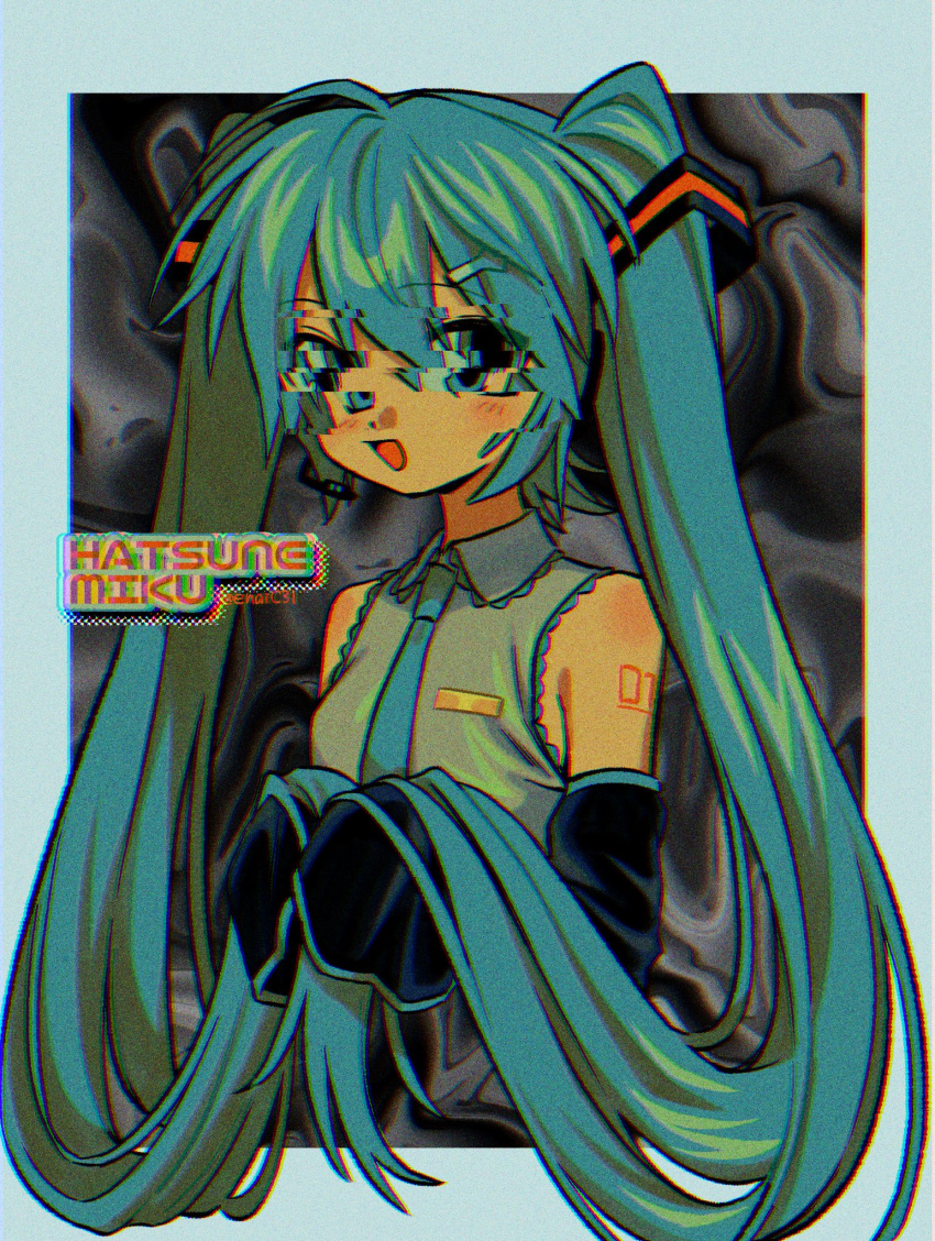 1girl 39 aqua_eyes aqua_hair aqua_necktie black_sleeves character_name commentary cropped_torso detached_sleeves glitch hair_ornament hatsune_miku headphones headset highres holding_own_hair long_hair menma_(enaic31) necktie open_mouth sleeves_past_fingers sleeves_past_wrists smile solo twintails upper_body very_long_hair vocaloid