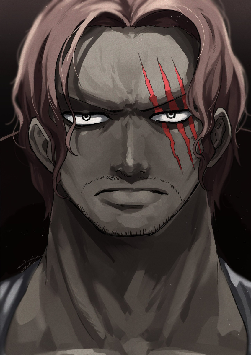 1boy black_background closed_mouth commentary_request facial_hair fujitachobi highres looking_at_viewer male_focus one_piece portrait redhead scar scar_across_eye scar_on_face shanks_(one_piece) short_hair simple_background solo v-shaped_eyebrows