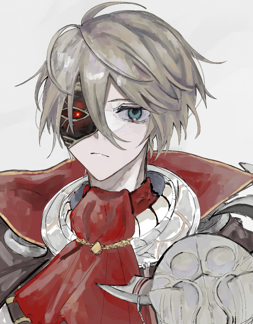 1boy armor ascot bad_id bad_twitter_id blue_eyes bringer_of_disaster_(grimms_notes) grimms_notes highres male_focus mask_over_one_eye multicolored_eyes red_eyes short_hair simple_background single_shoulder_pad solo upper_body wa_noko white_background