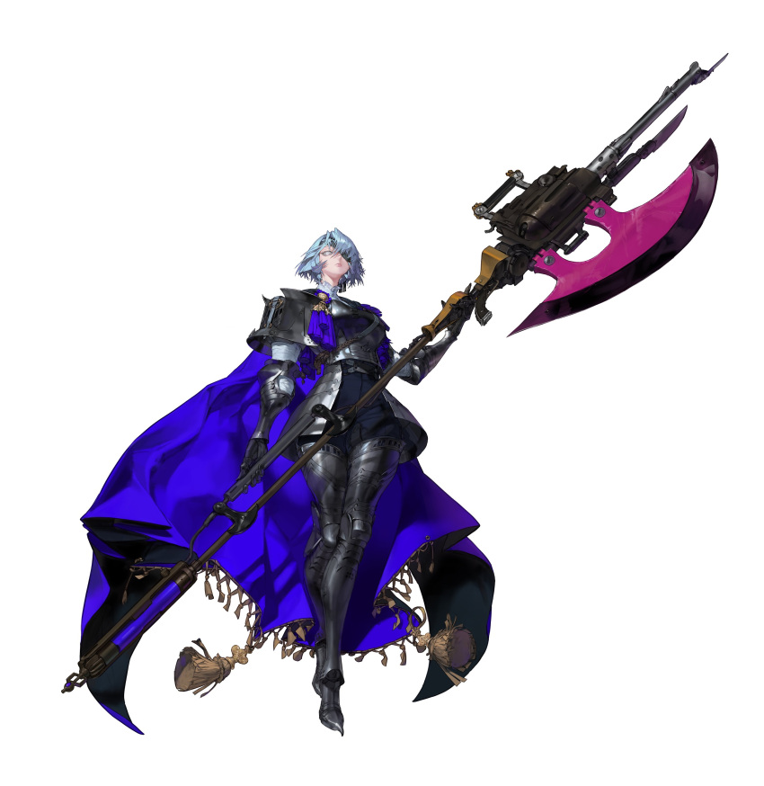 absurdres armor armored_boots armored_dress axe battle_axe blue_hair boots cape colored_sclera expressionless full_armor full_body grey_sclera heez031 highres holding holding_weapon huge_weapon original purple_cape short_hair weapon white_background white_eyes