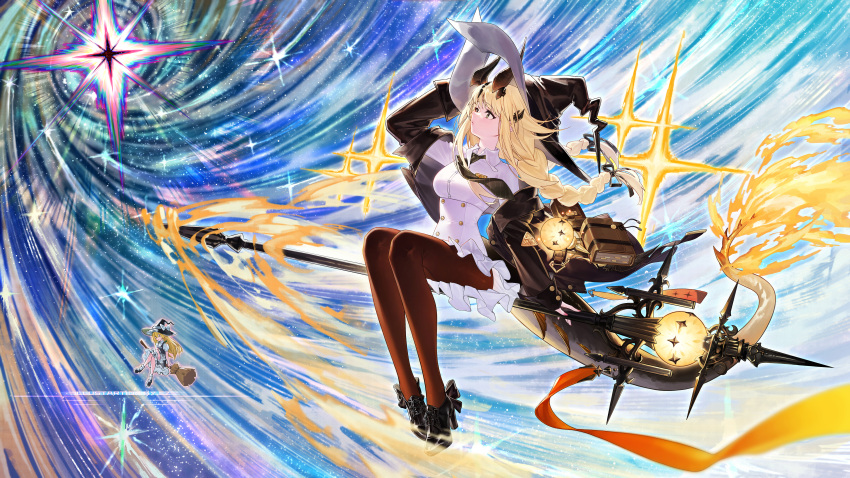 2girls absurdres arknights black_dress blonde_hair book braid broom broom_riding brown_pantyhose cz_(mikumikumi) dragon_horns dragon_tail dress flame-tipped_tail flying green_eyes hat highres horns kirisame_marisa long_hair mage_staff multiple_girls pantyhose reed_(arknights) reed_the_flame_shadow_(arknights) reed_the_flame_shadow_(curator)_(arknights) tail touhou vortex white_dress witch_hat