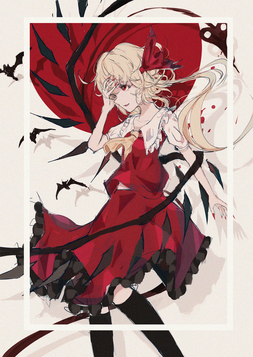 1girl ascot bat_(animal) black_socks bow feet_out_of_frame fingernails flandre_scarlet frilled_shirt_collar frills from_side hair_bow highres kneehighs laevatein_(touhou) long_fingernails medium_hair nail_polish no_headwear one_side_up open_mouth parted_lips puffy_short_sleeves puffy_sleeves red_bow red_eyes red_nails red_skirt red_vest sharp_fingernails shirt short_sleeves skirt socks solo tonan_(l0l0l0l0l0l) touhou vest white_shirt wings yellow_ascot