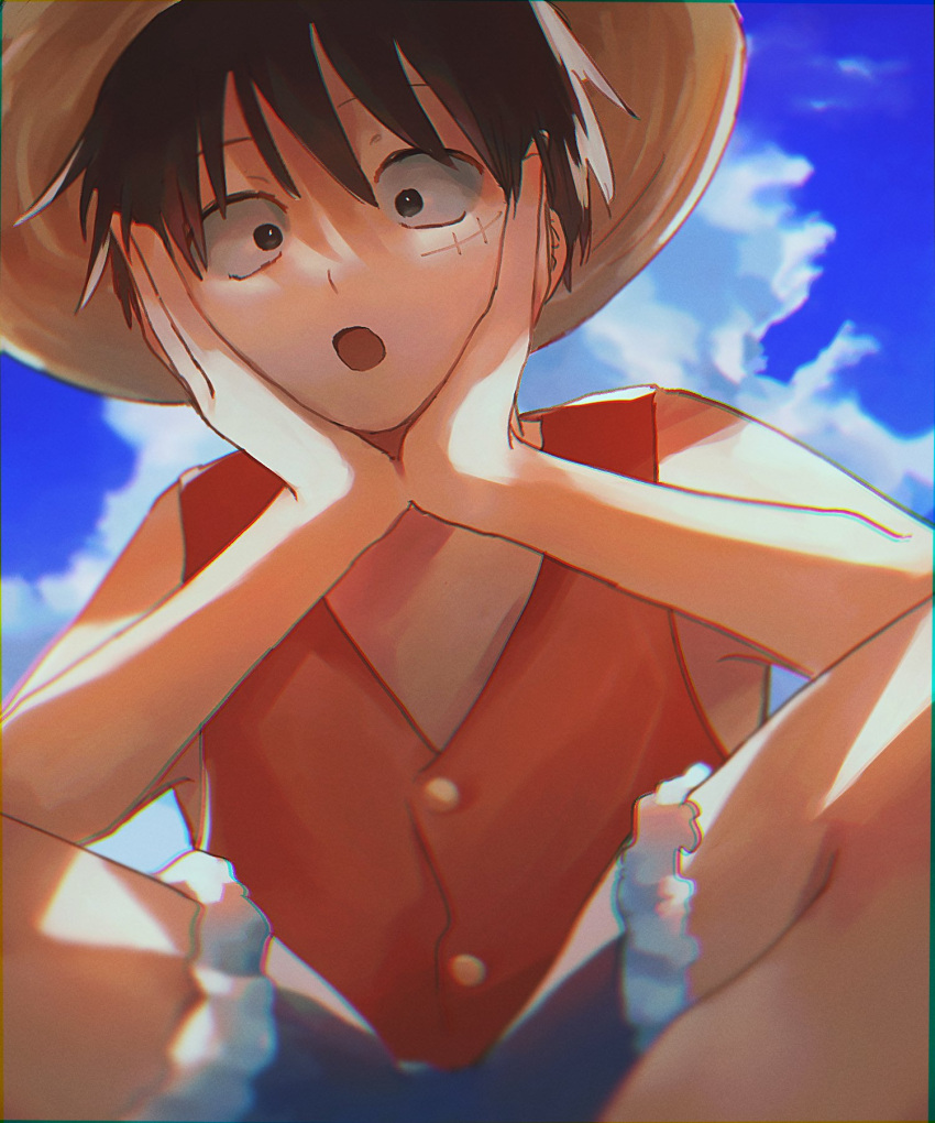 1boy black_hair blue_shorts clouds hand_on_own_cheek hand_on_own_face hat highres looking_at_viewer machida_0906 male_focus monkey_d._luffy one_piece red_shirt scar scar_on_face shirt short_hair shorts sky solo squatting straw_hat