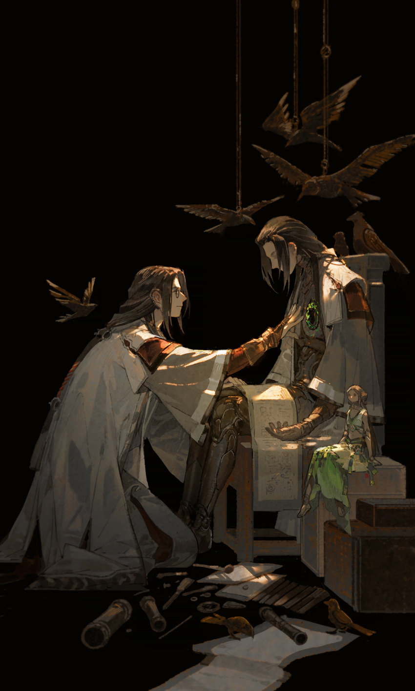 2boys androgynous android bird black_background black_hair box cape chair cloak closed_eyes closed_mouth doll doll_joints ear_piercing fingerless_gloves glasses gloves hair_over_mouth highres ibuki_satsuki joints kneeling long_hair low_ponytail magic male_focus mechanical_bird multiple_boys original piercing profile rope round_eyewear scroll sidelocks sitting white_cape white_cloak wide_sleeves wooden_chair yellow_gloves