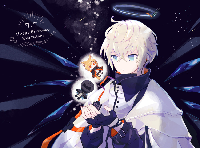 1boy :&lt; abstract_background arknights black_background black_gloves black_jacket blonde_hair blue_eyes character_doll character_name commentary_request crossed_bangs dated doctor_(arknights) executor_(arknights) fingerless_gloves gloves halo hands_up happy_birthday hood hooded_jacket jacket long_sleeves mask orange_eyes parted_lips shirt short_hair soppos upper_body vermeil_(arknights) white_jacket white_shirt wings
