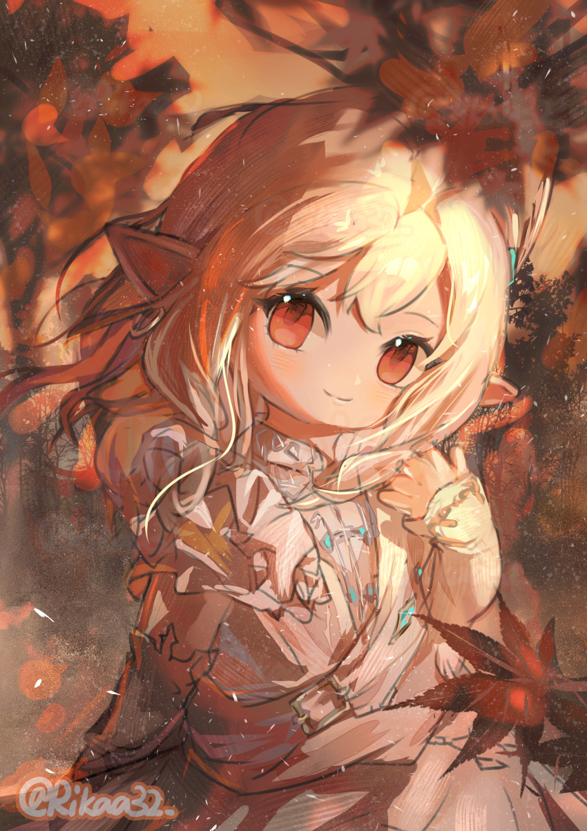 1girl absurdres autumn autumn_leaves dress earrings falling_leaves final_fantasy final_fantasy_xiv flat_chest forest hair_between_eyes highres jewelry kazekokakuii lalafell leaf long_bangs looking_at_viewer nature pointy_ears red_eyes robe short_hair signature single_earring solo tree warrior_of_light_(ff14) white_dress white_hair white_robe