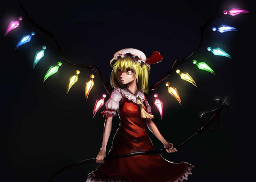 1girl ascot black_background blonde_hair breasts closed_mouth collared_shirt commentary cowboy_shot crystal dark_background english_commentary flandre_scarlet glowing glowing_wings hat hat_ribbon holding holding_polearm holding_weapon lace-trimmed_skirt lace_trim laevatein_(touhou) medium_hair mob_cap multicolored_wings polearm puffy_short_sleeves puffy_sleeves red_eyes red_ribbon red_skirt red_vest ribbon ribbon-trimmed_headwear ribbon_trim shirt short_sleeves simple_background skirt skirt_set sleeve_ribbon small_breasts solo touhou tseirp vest weapon white_headwear white_shirt wings yellow_ascot