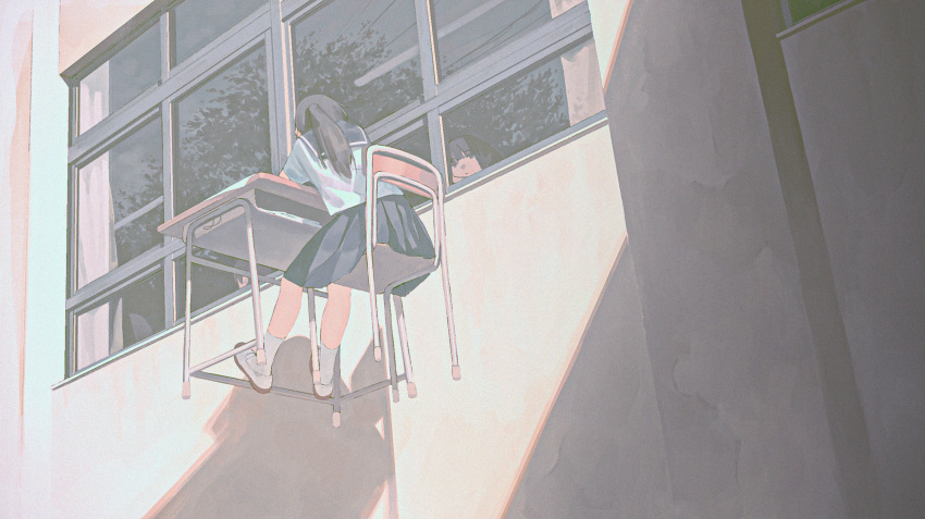 2girls black_hair blunt_bangs chair chinese_commentary closed_mouth curtains desk floating hair_ornament highres jiankun_yu looking_at_another multiple_girls on_chair original outdoors outstretched_legs pleated_skirt ponytail power_lines school school_chair school_desk school_uniform serafuku shadow shirt shoes skirt socks sunlight uwabaki white_footwear white_shirt white_socks window