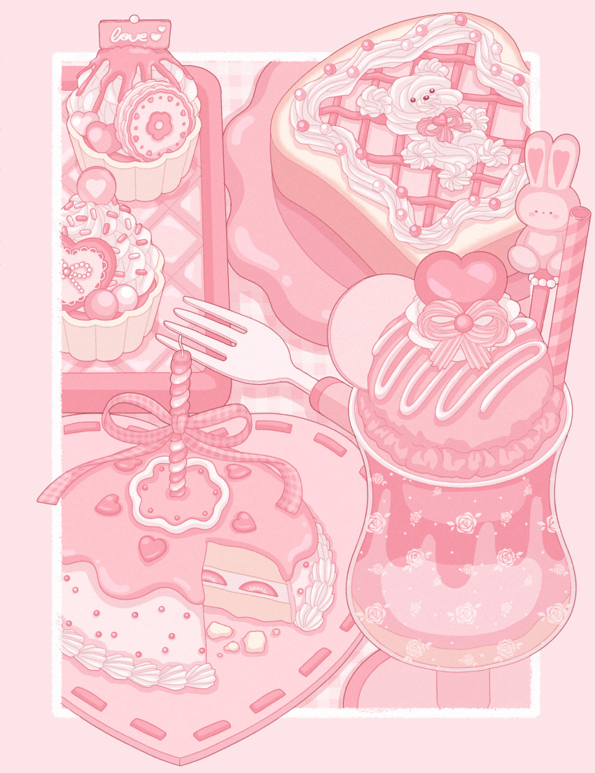 absurdres border bow bread cake candle candy candy_heart commentary cream cup cupcake dessert floral_print flower food food_art food_focus fork fruit glass heart highres ice_cream icing macaron nekomaru0817 no_humans original parfait pastry pink_border pink_bow pink_theme plaid plaid_bow plate rose_print sprinkles still_life strawberry strawberry_shortcake sweets wafer_stick