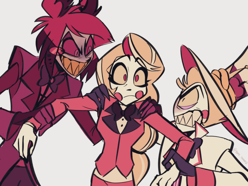 ._. 1girl 2boys alastor_(hazbin_hotel) arm_grab blonde_hair charlie_morningstar clenched_teeth colored_sclera commentary_request father_and_daughter formal grabbing_another's_arm grin hand_on_another's_shoulder hat hazbin_hotel height_difference highres long_hair lucifer_(hazbin_hotel) multiple_boys red_eyes red_sclera redhead sharp_teeth short_hair smile suit taro_taroo2 teeth yellow_sclera