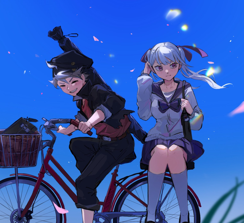 1boy 1girl asta_(black_clover) bag bicycle black_clover black_jacket black_pants blue_sky blush closed_mouth couple grey_hair hair_ribbon highres jacket low_twintails noelle_silva open_mouth pants poonwip purple_ribbon purple_skirt red_shirt ribbon riding riding_bicycle school_bag school_uniform shirt short_hair shoulder_bag skirt sky sleeves_rolled_up smile spiky_hair twintails