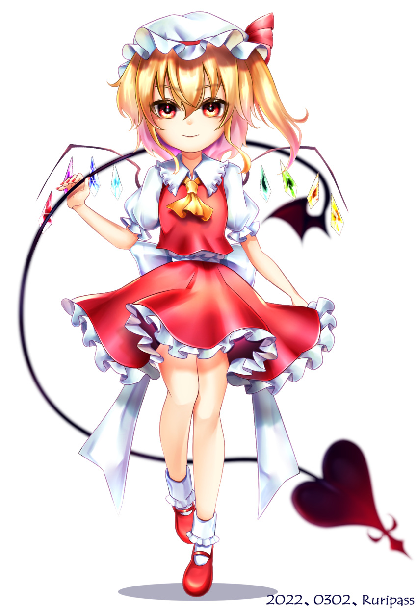 1girl 2022 artist_name ascot back_bow bobby_socks bow breasts closed_mouth crystal dated flandre_scarlet frilled_shirt_collar frilled_skirt frilled_sleeves frills full_moon hair_between_eyes hat hat_ribbon highres holding holding_polearm holding_weapon laevatein_(touhou) large_bow light_smile looking_at_viewer mary_janes medium_hair moon multicolored_wings nail_polish one_side_up polearm red_eyes red_footwear red_nails red_ribbon red_skirt red_vest ribbon ribbon-trimmed_headwear ribbon_trim ruripasu shirt shoes simple_background skirt skirt_set small_breasts socks solo standing touhou vest weapon white_background white_bow white_headwear white_shirt white_socks wings yellow_ascot