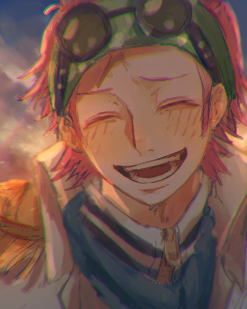 1boy absurdres blush closed_eyes commentary epaulettes eyewear_on_head headband highres koby_(one_piece) machida_0906 male_focus one_piece open_mouth pink_hair scar scar_on_face short_hair sidelocks sky smile solo