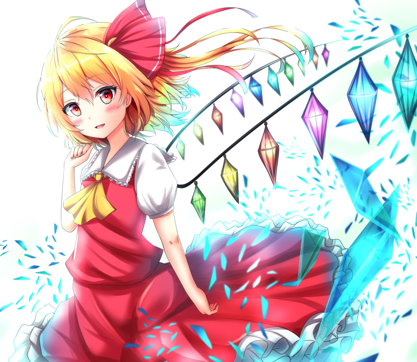 1girl absurdres ascot backlighting blonde_hair blush bow collared_shirt cowboy_shot crystal flandre_scarlet frilled_shirt_collar frilled_skirt frills glowing glowing_wings hair_bow head_tilt highres looking_at_viewer medium_hair multicolored_wings no_headwear open_mouth puffy_short_sleeves puffy_sleeves red_bow red_eyes red_skirt red_vest renka_(cloudsaikou) shirt short_sleeves simple_background skirt skirt_set solo touhou vest white_background white_shirt wings yellow_ascot