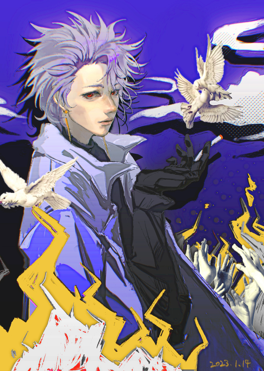1boy bird black_gloves black_sweater cigarette dove earrings gloves hand_up highres holding holding_cigarette jacket jewelry lips long_sleeves male_focus open_clothes open_jacket purple_hair red_eyes saibou_shinkyoku short_hair solo sweater theodore_riddle turtleneck turtleneck_sweater upper_body white_jacket yangyouwuyou