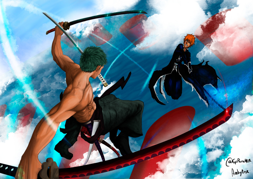 2boys abs absurdres ambylise artist_name black_footwear black_kimono bleach clenched_teeth clouds commentary_request crossover fighting full_body green_hair highres holding holding_sword holding_weapon japanese_clothes katana kimono kurosaki_ichigo male_focus mouth_hold multiple_boys one_piece orange_hair outdoors roronoa_zoro short_hair spanish_commentary sword teeth topless_male triple_wielding twitter_username weapon weapon_in_mouth
