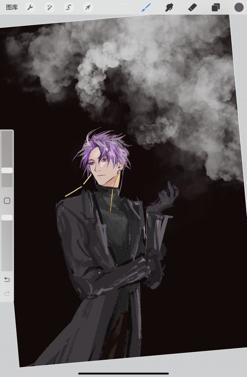 1boy art_program_in_frame black_gloves black_sweater brown_pants chinese_commentary closed_mouth coat code:dante commentary_request cowboy_shot earrings gloves grey_coat highres jewelry long_sleeves male_focus open_clothes open_coat pants purple_hair red_eyes saibou_shinkyoku short_hair sketch smoke solo sweater theodore_riddle turtleneck turtleneck_sweater